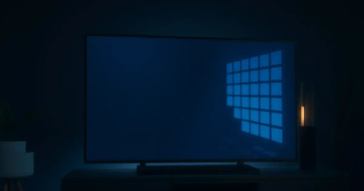 Amazon Fire TV Stick am HDMI-Anschluss eines dunklen Fernsehers, im Hintergrund ein schwach beleuchtetes Wohnzimmer bei Nacht