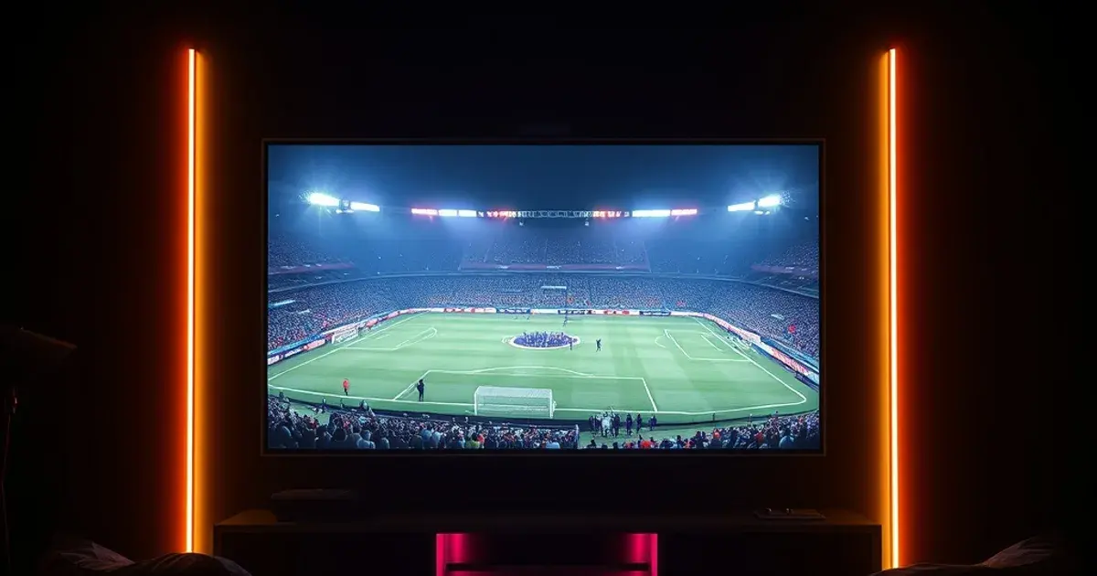 Fernseher mit hell erleuchtetem Fußballstadion im Bild, davor eine Couch im dunklen Wohnzimmer