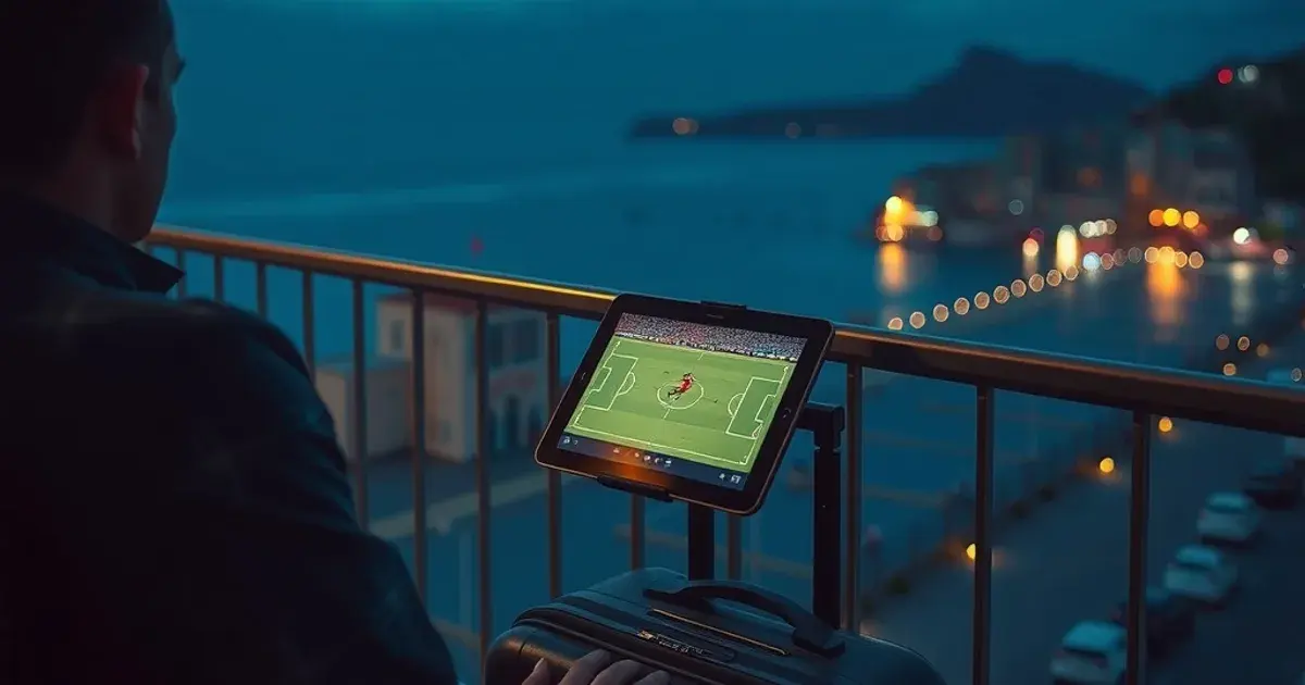 Person schaut auf einem Hotelbalkon im Ausland bei Dämmerung ein Fußballspiel auf einem Tablet, daneben ein Koffer