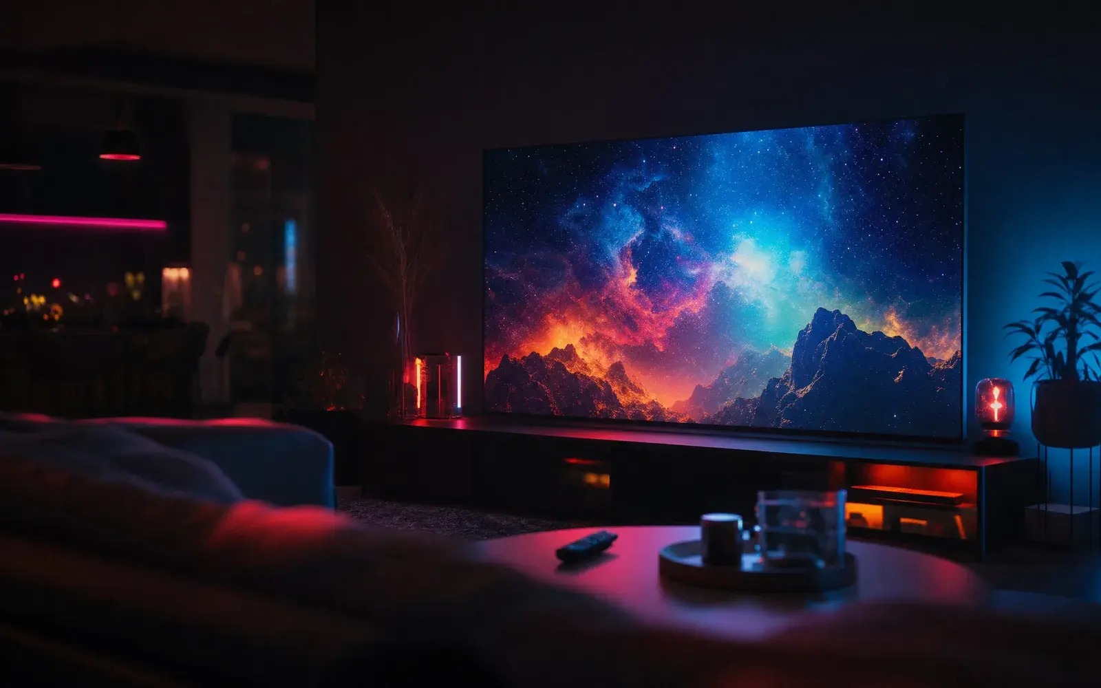 Großer Fernseher leuchtet in einem dunklen Wohnzimmer mit bunten Neon-Lichtakzenten — German IPTV Test Heimkino-Stimmung
