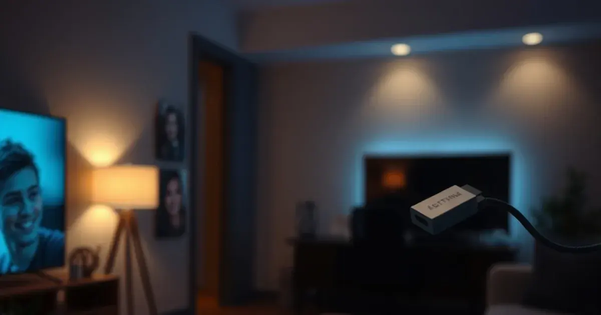 Streaming-Stick am Fernseher in einer gemütlichen Mietwohnung, ohne Bohrlöcher oder Satellitenschüssel